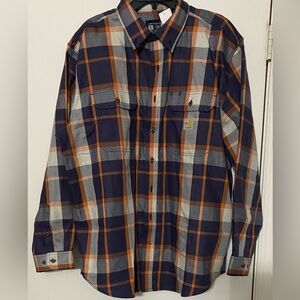Carhartt Flame Resistant Men's Navy and Orange Plaid XL Flannel Shirt Like New